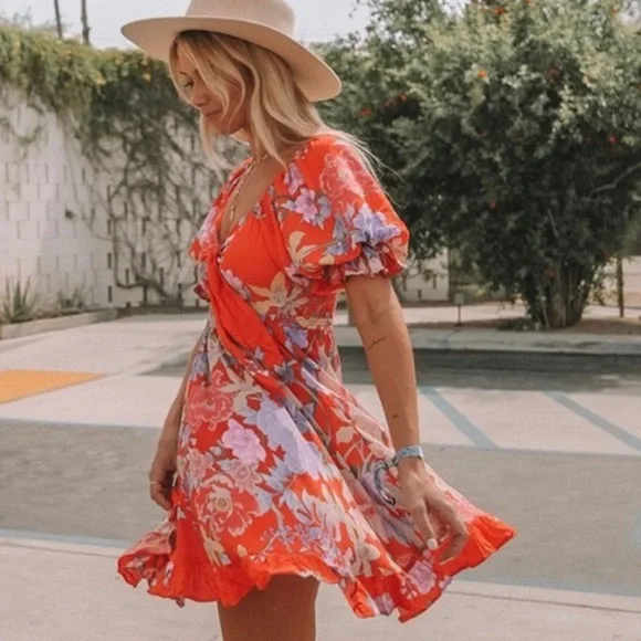 Spell & The Gypsy Collective Floral Lily Playdress Ruffle Trim Mini Dress in Red - Picture 10 of 10